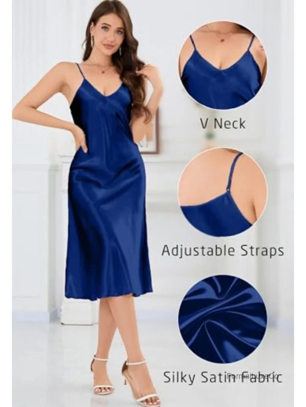 Midi Satin Slip Dress Adjustable Spaghetti Strap Nightgown Silky Under Dress